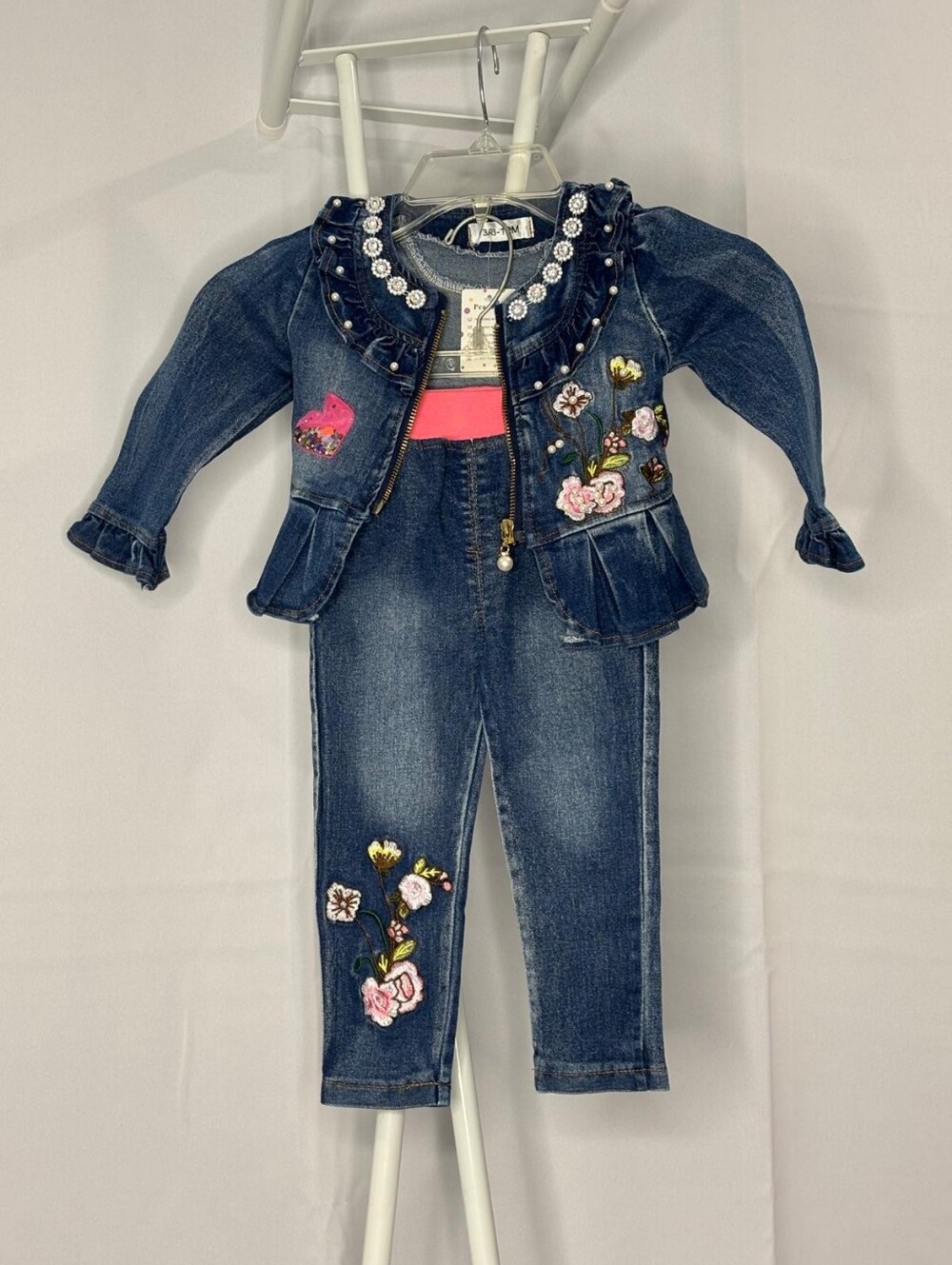 Baby Girls 3/6-12M Denim 2 Piece Set Floral Embroidered Jacket & Jeans NWT